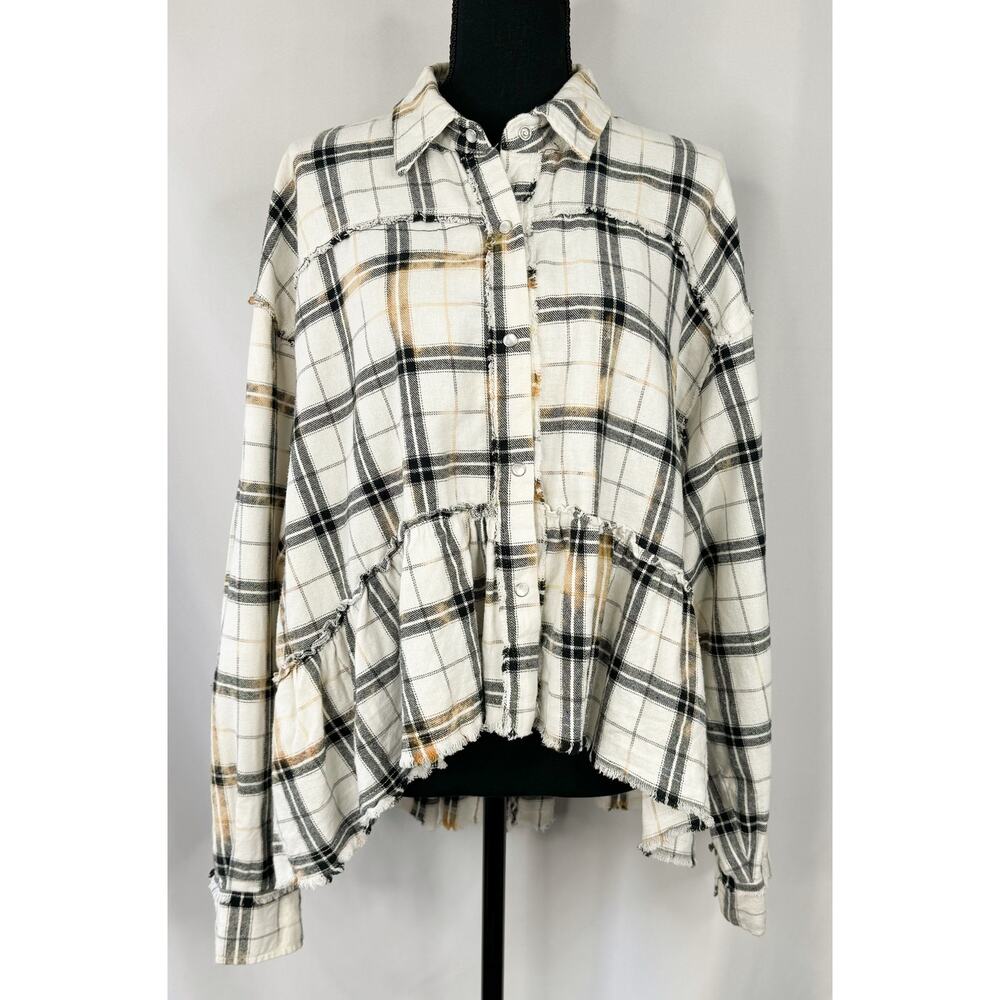 Womens Size L Flannel Top Windowpane Plaid Ruffle Top Western Rockabilly Grunge